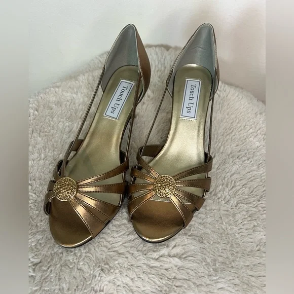 NIB touch ups Gemini bronze open toe heels NWT 7.5 size 7 1/2 - Picture 2 of 5
